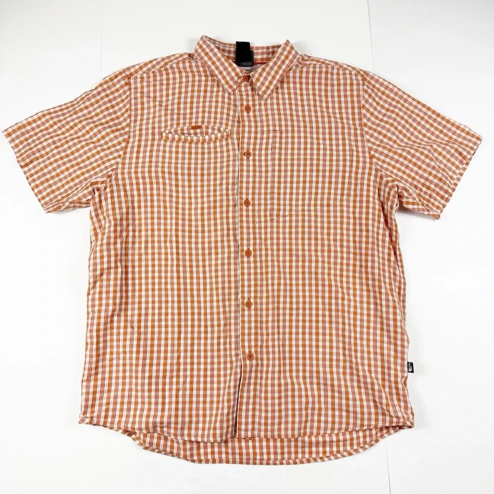 The North Face Men's Short Sleeve Button‎ Down Shirt Checkered Orang White XL